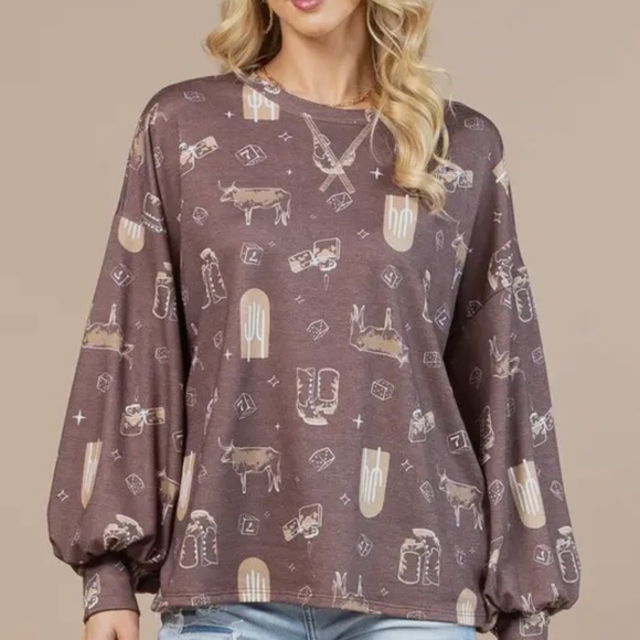 Western Print Long Sleeve Sweatshirt - Picture 2 of 2